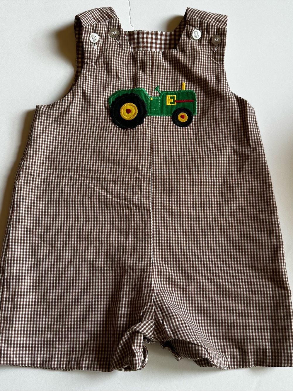 Brown Gingham Tractor Romper for Kids reversible 9M